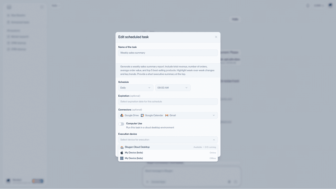 Skygen task progress alongside a live cloud computer