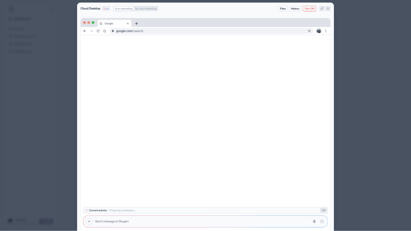 Skygen cloud computer workspace during task execution
