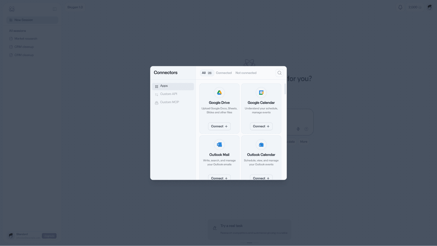 Skygen connected applications and permissions dialog