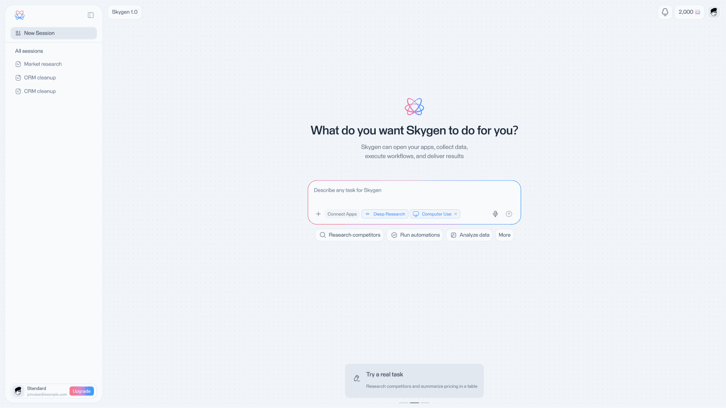 Skygen agent workspace for starting a task