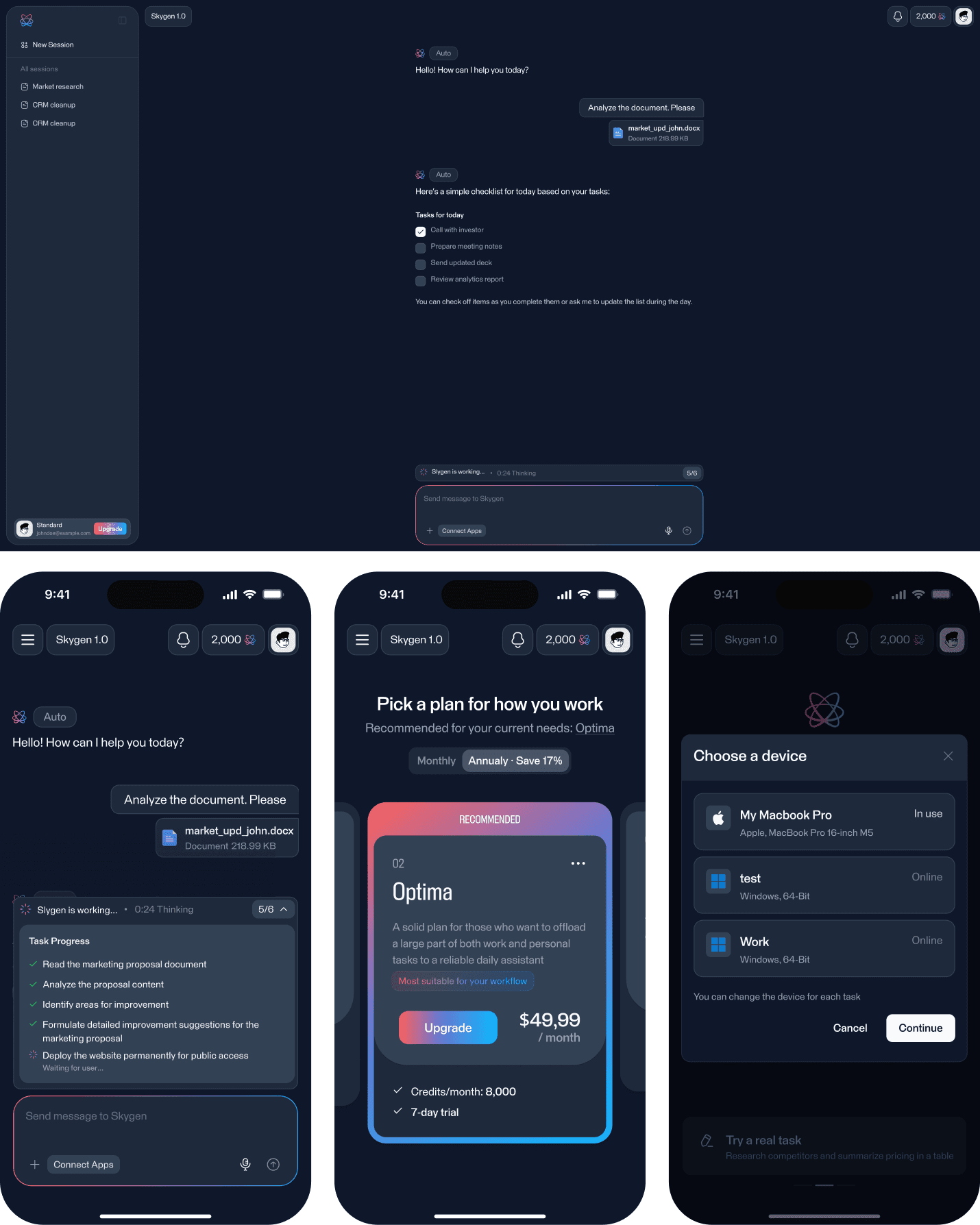Skygen dark desktop and mobile product interfaces