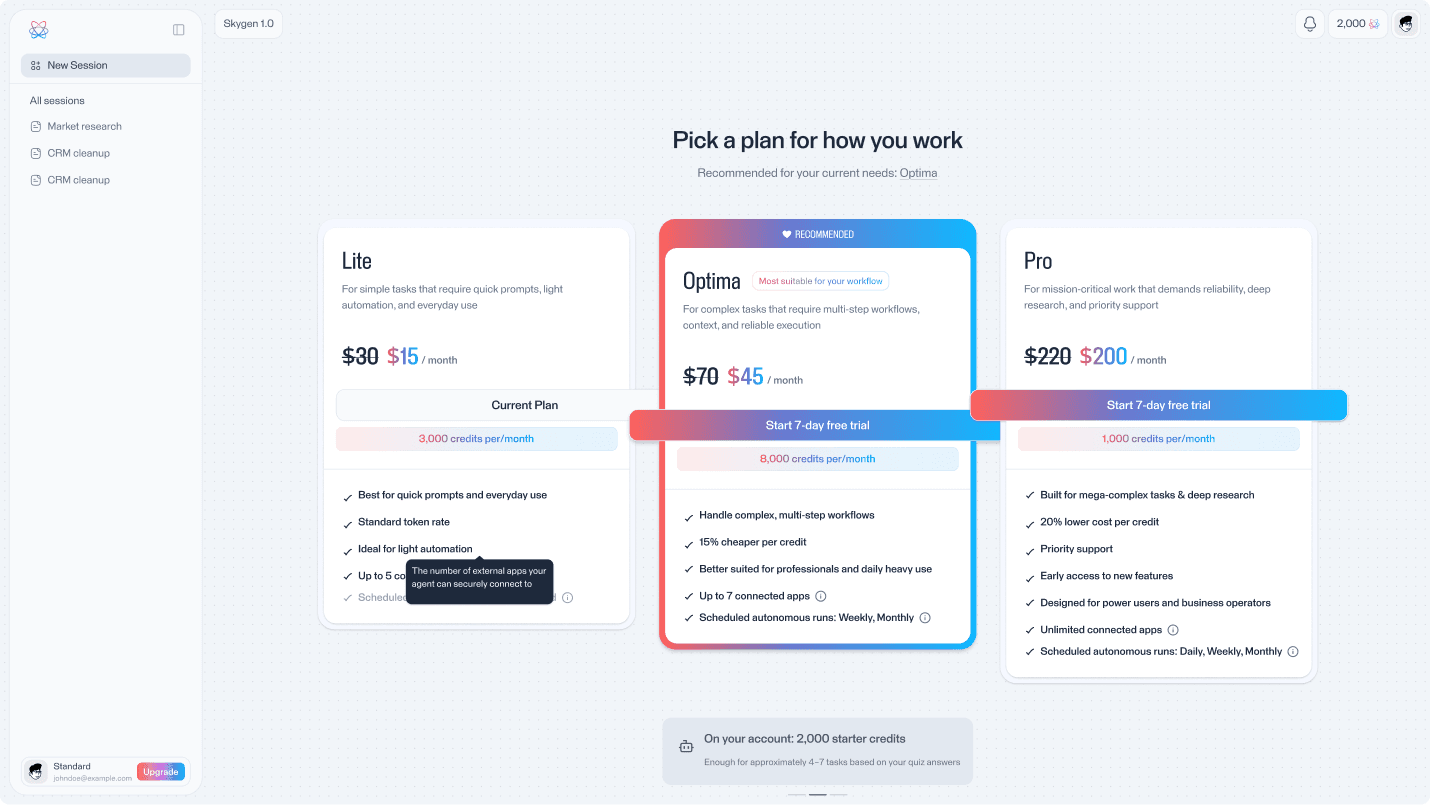 Skygen onboarding, pricing, limits, and product state interfaces