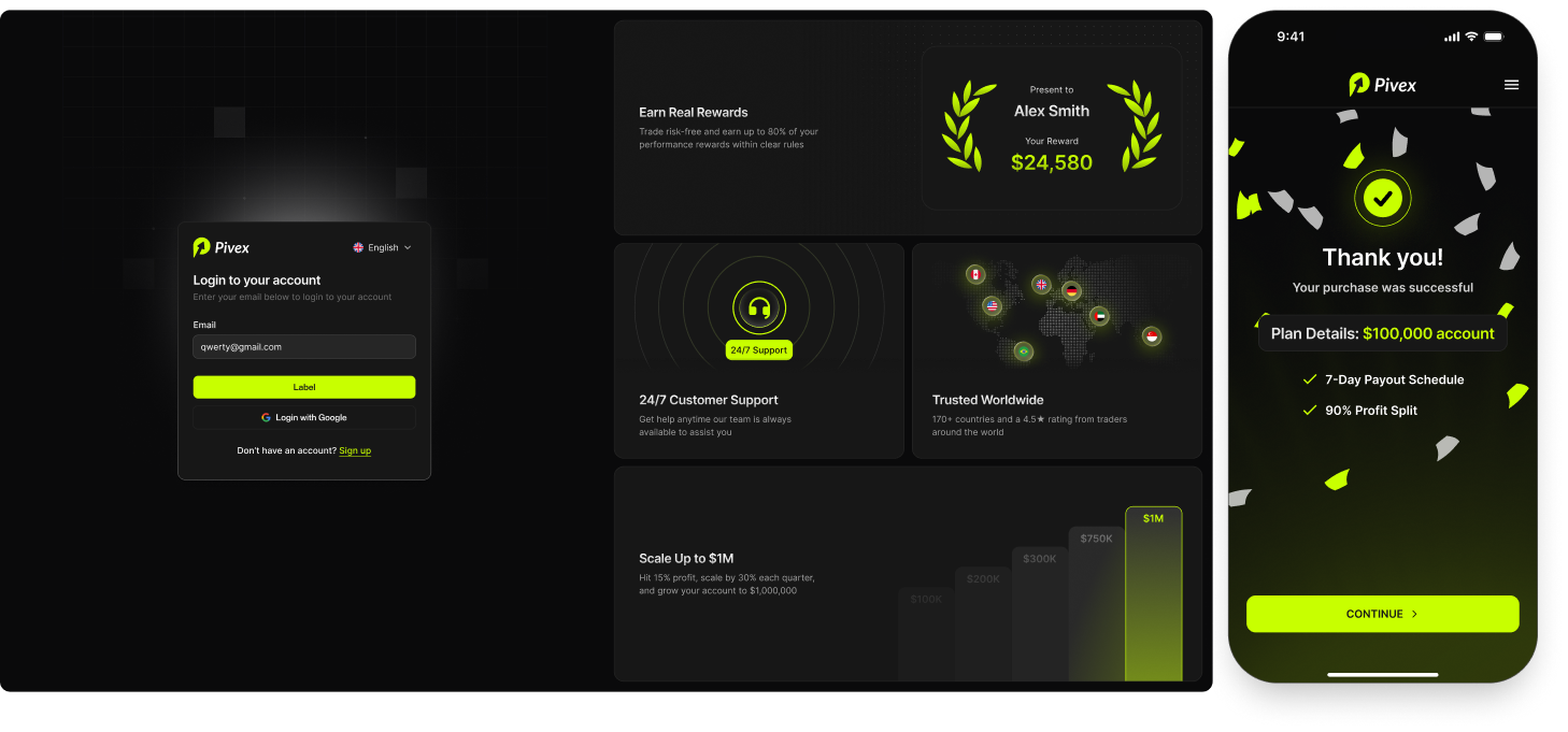 Pivex login and account purchase success screens