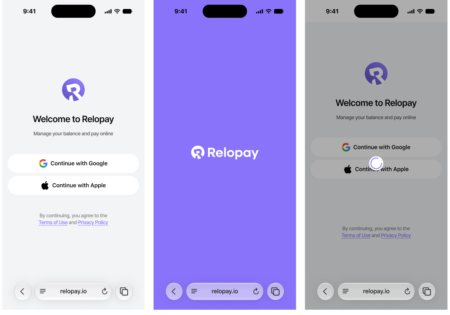 Relopay authorization flow with loading, provider, error, and success states