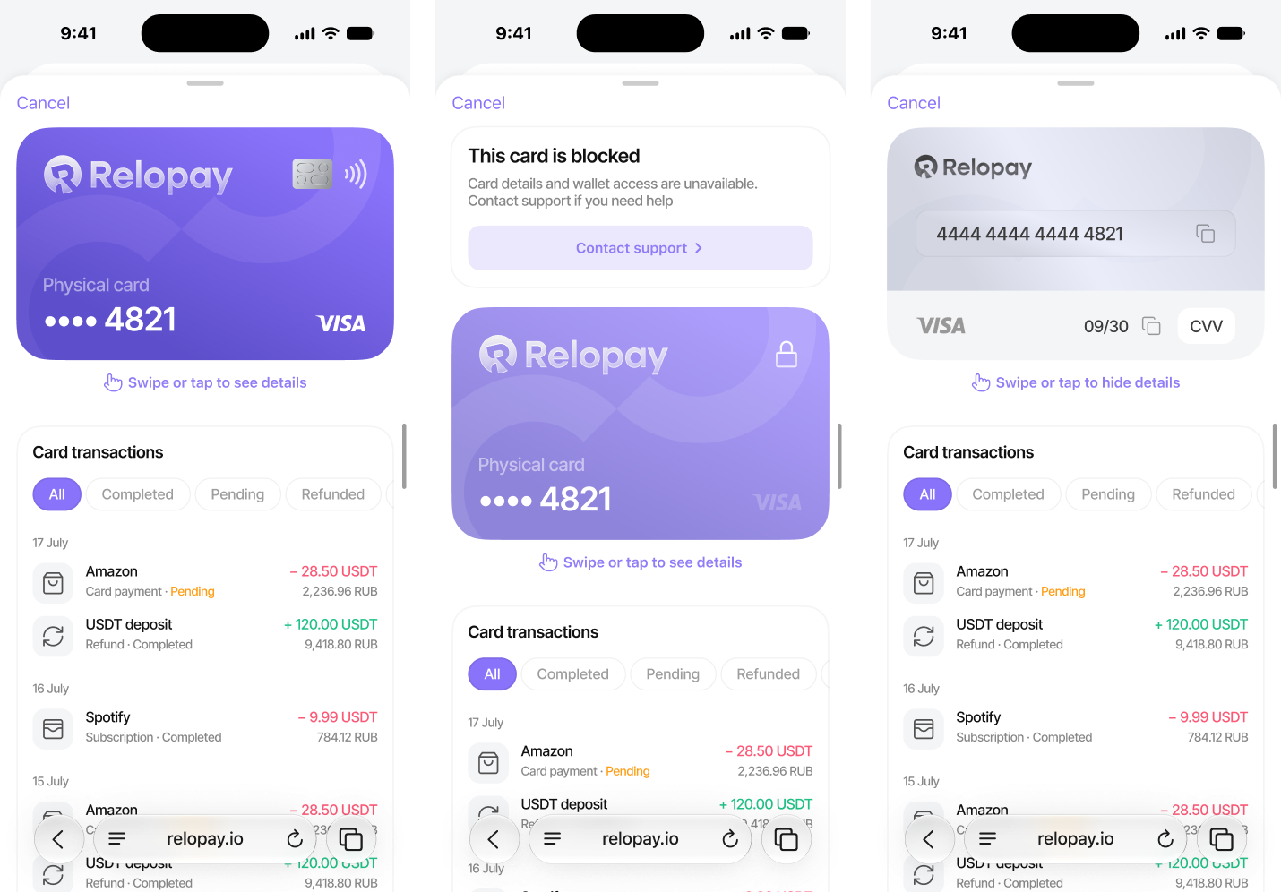 Relopay physical and virtual card management screens
