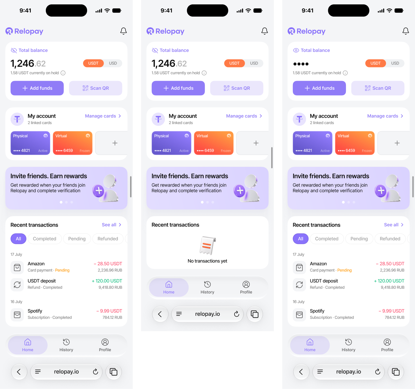 Relopay home dashboard and account overview screens