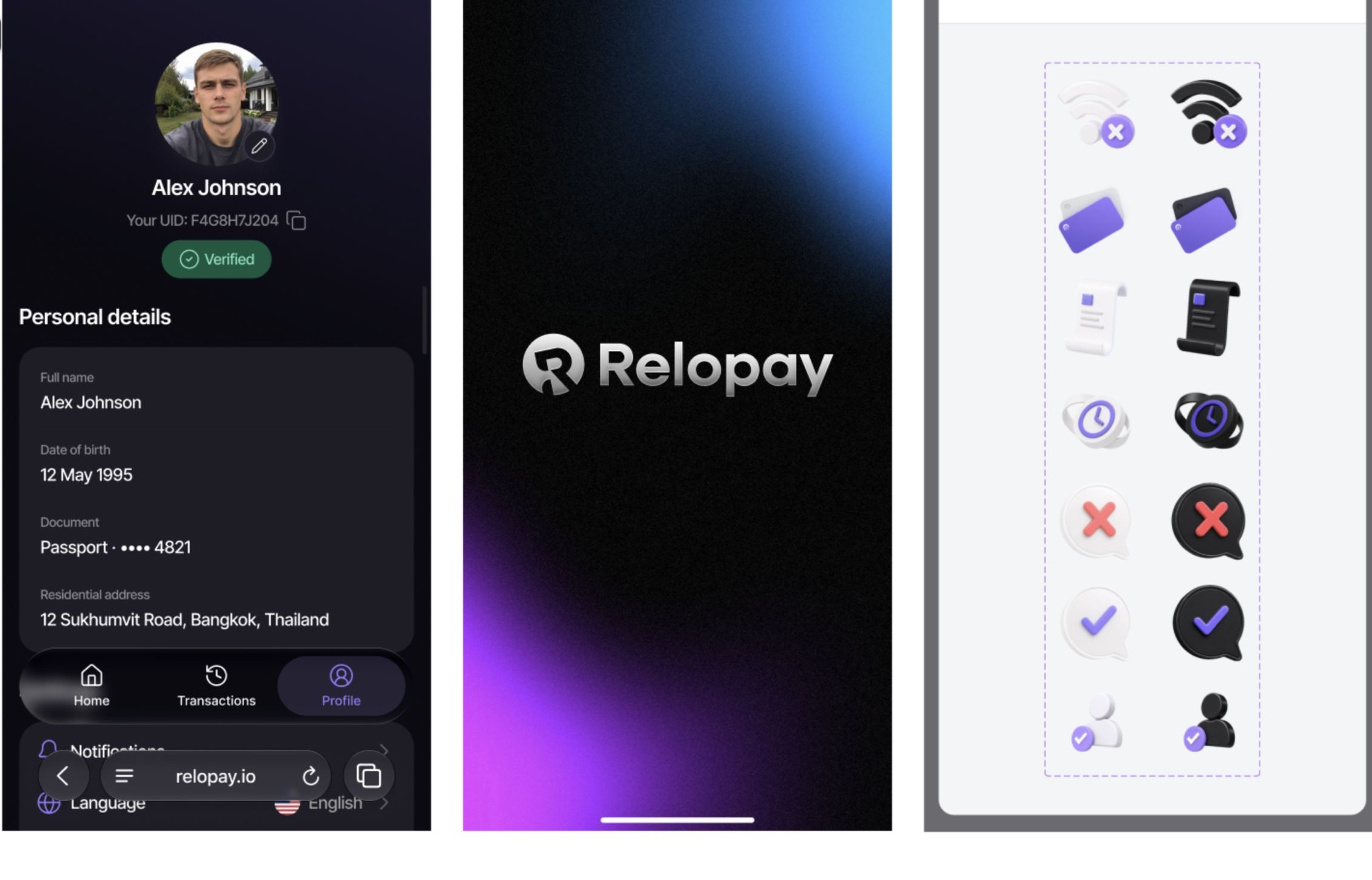 Relopay dark interface screens and paired light and dark illustration variants