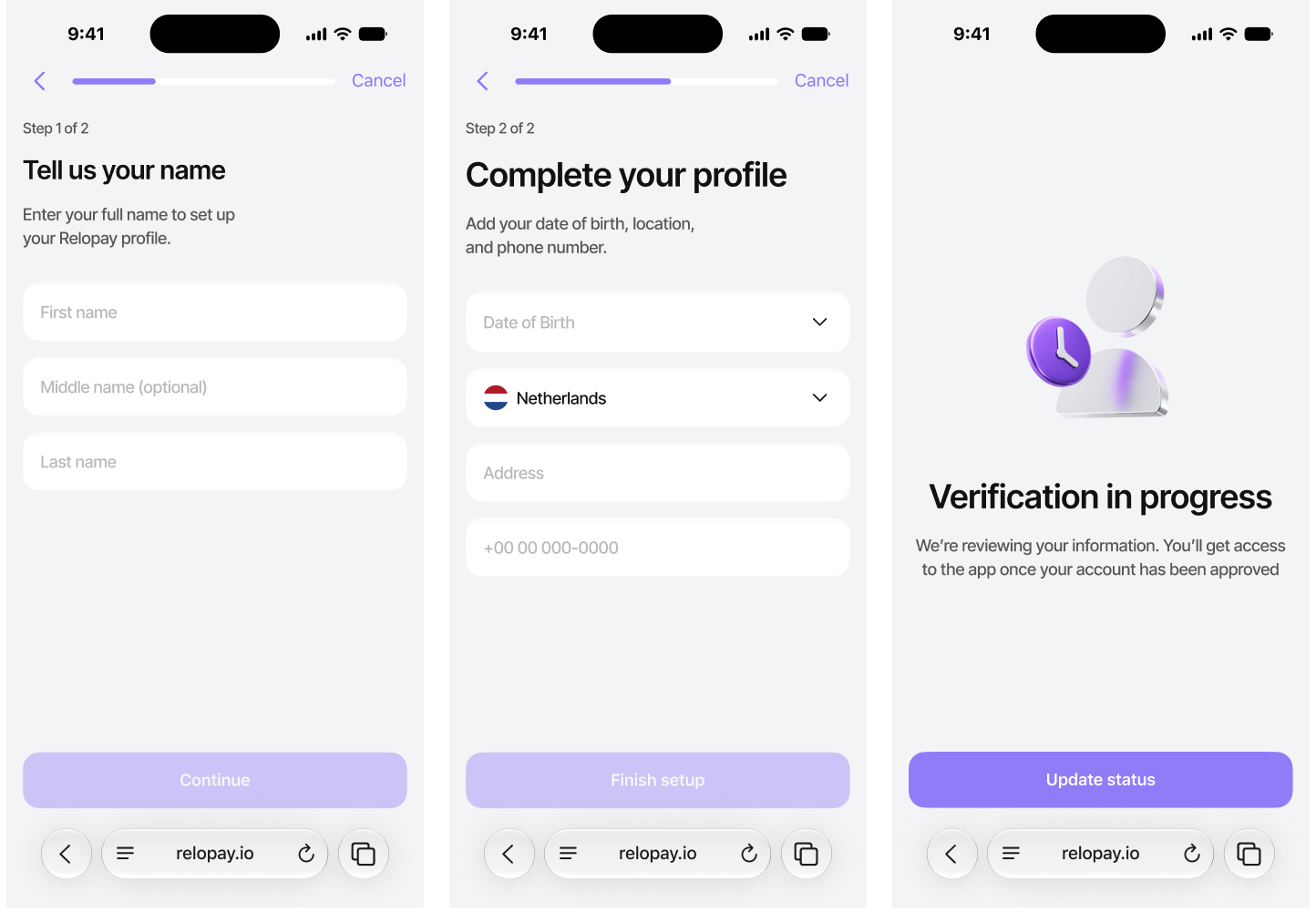 Relopay staged profile completion flow
