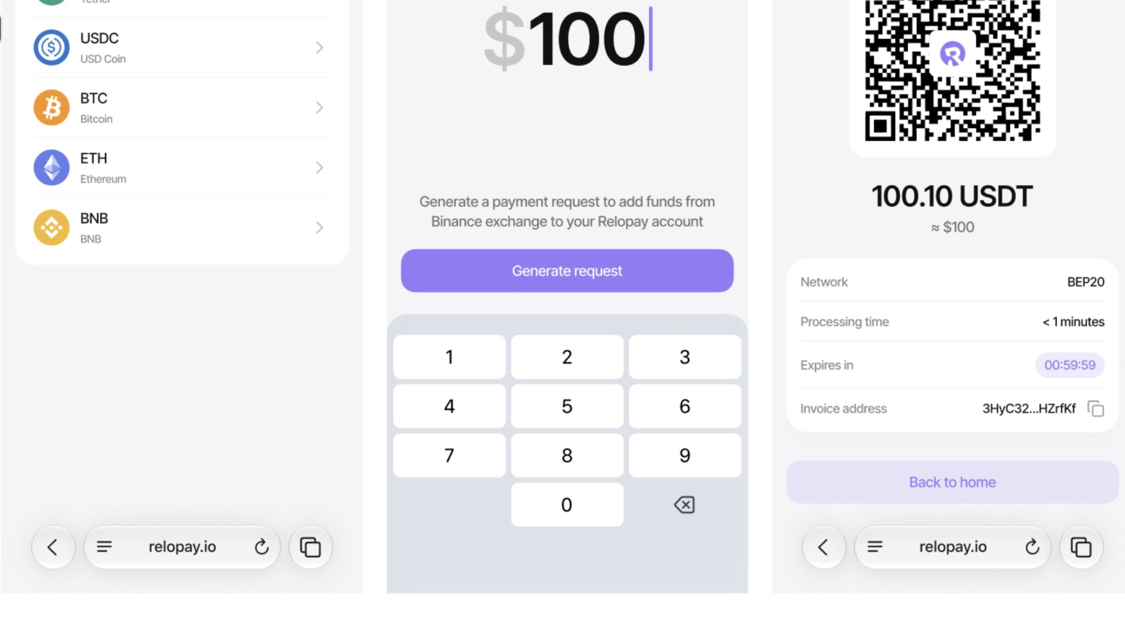 Relopay top-up flow showing crypto selection, amount entry, and a QR-code invoice