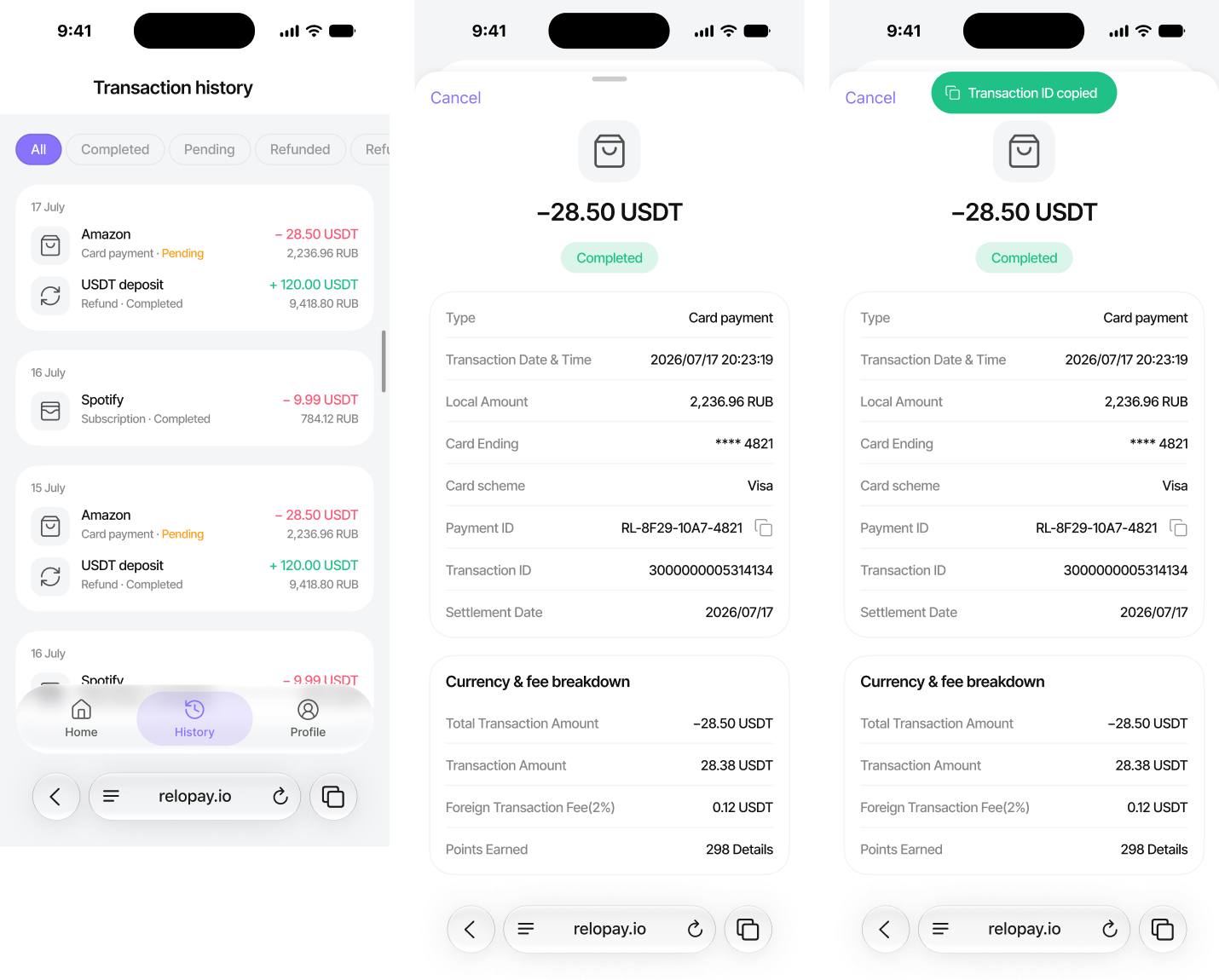 Relopay transaction history, filters, and transaction details