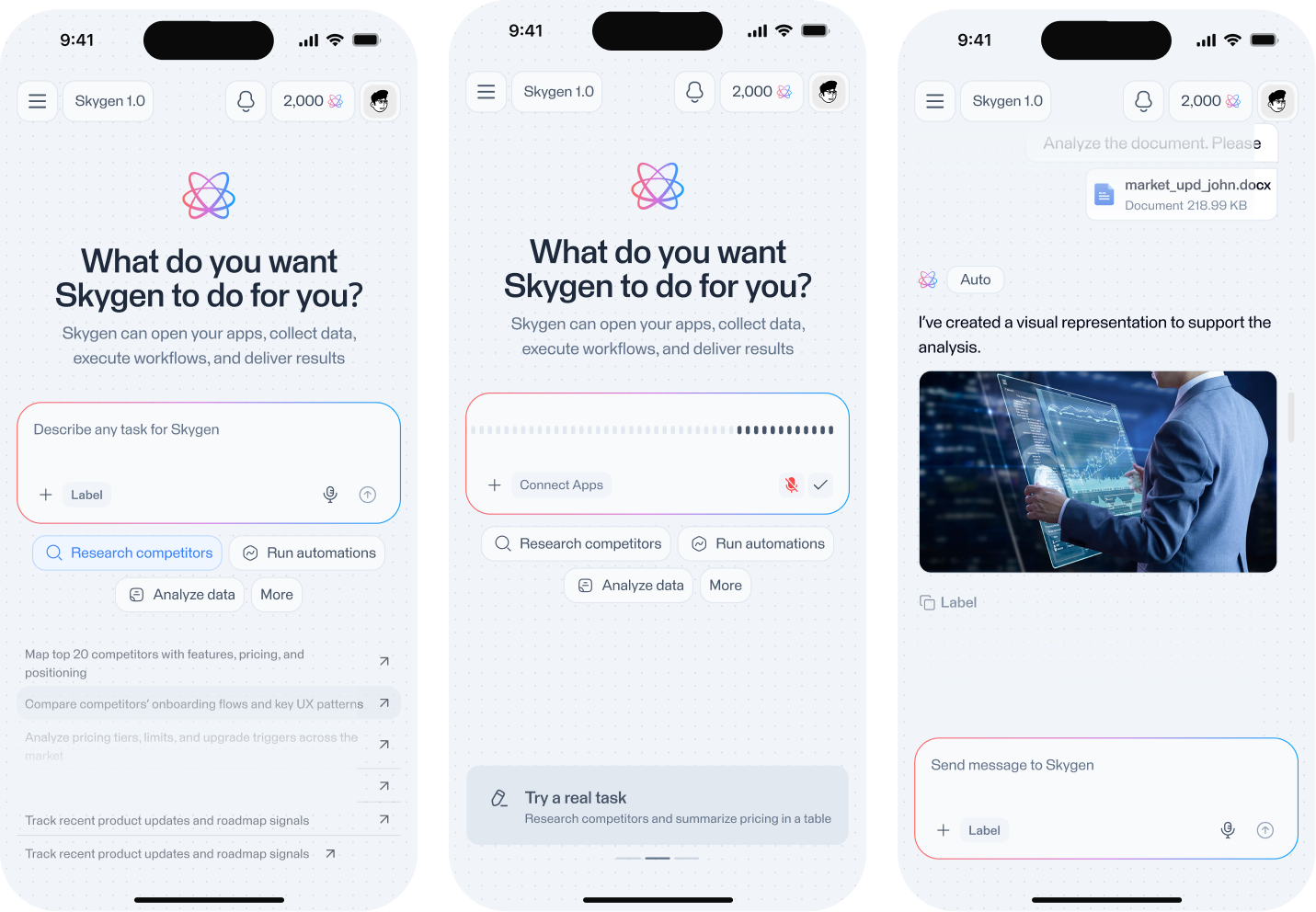 Skygen mobile task creation, voice input, and generated result screens, screen 1