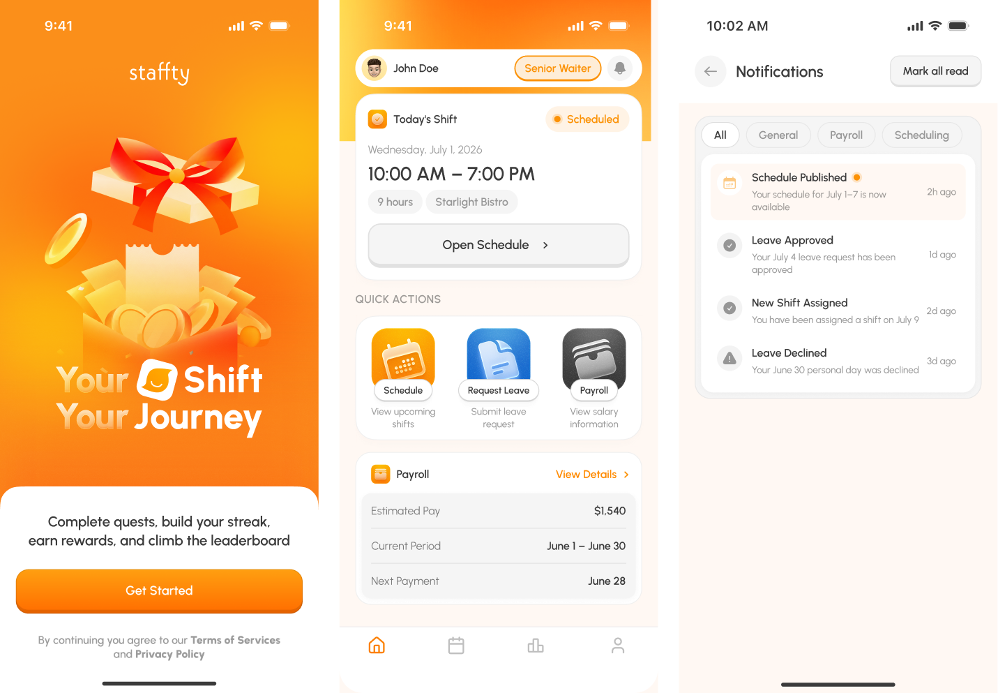 Staffty onboarding, employee home, and notifications screens