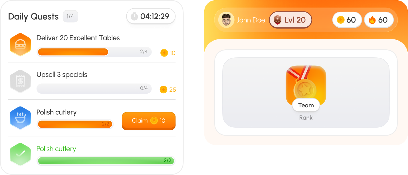 Staffty daily quests and team rank gamification concepts