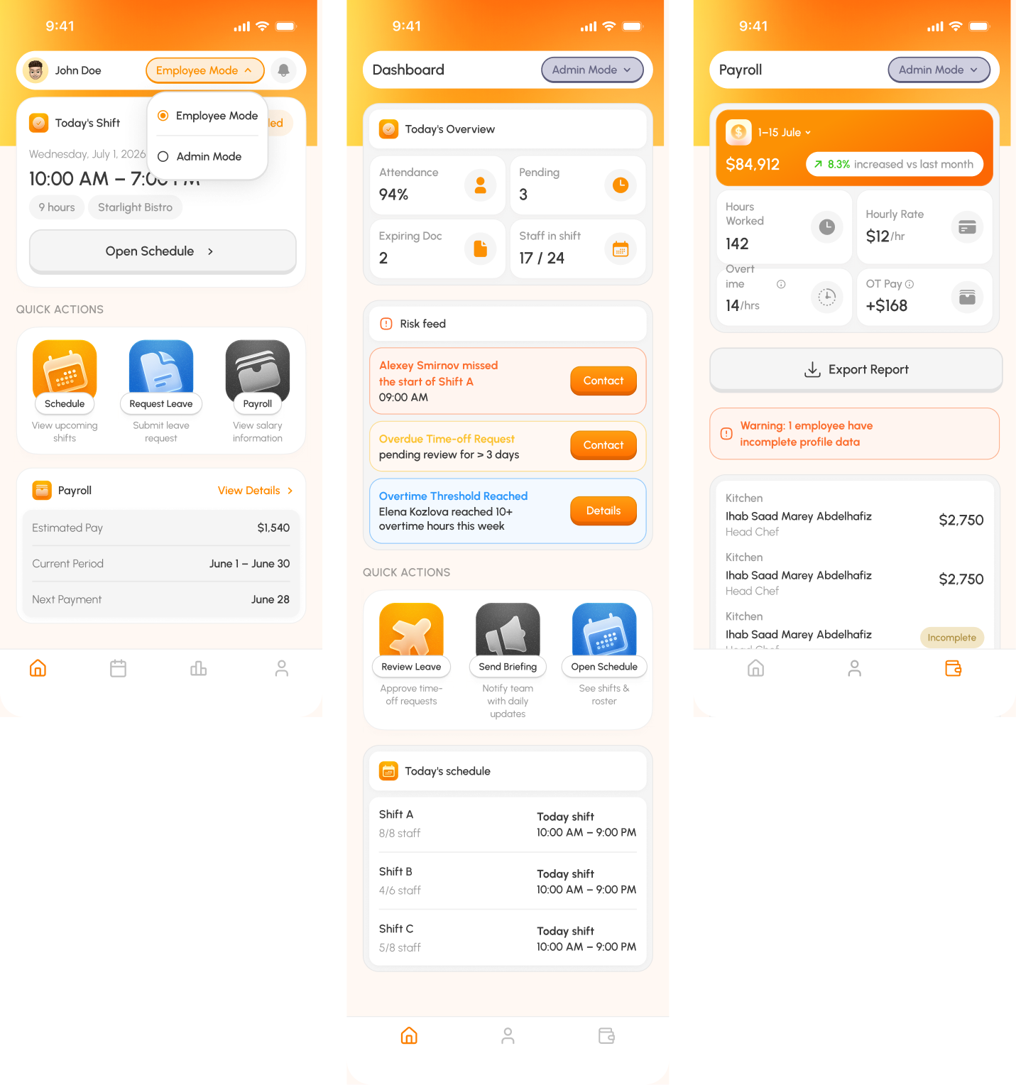 Staffty employee and mobile administrator mode screens