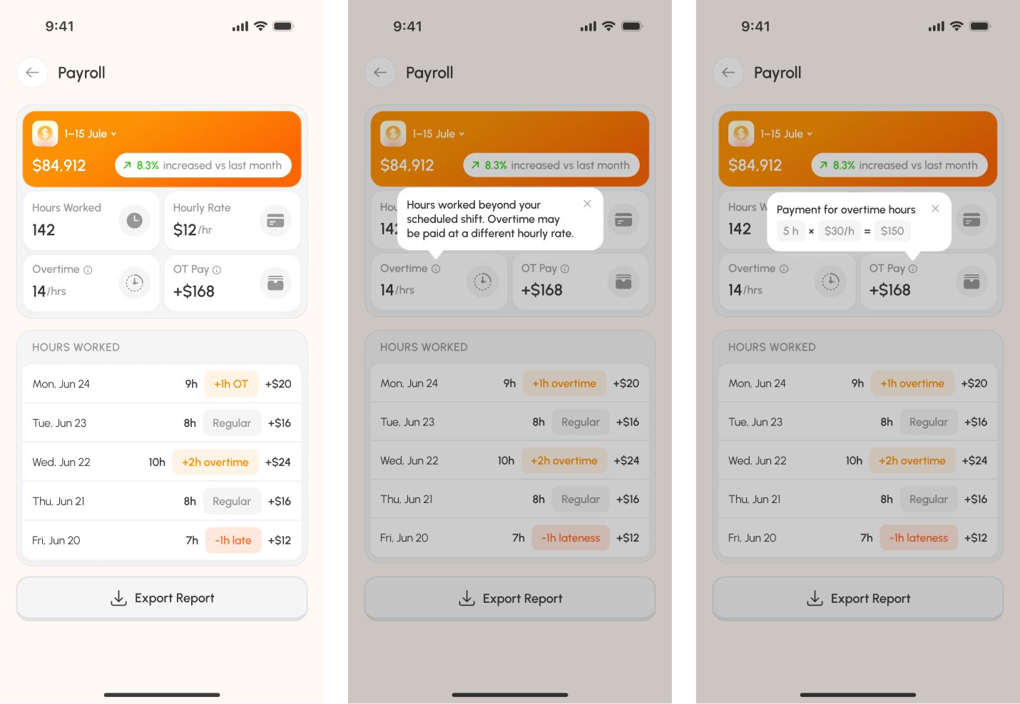 Staffty employee payroll screens with hours, rates, and overtime details
