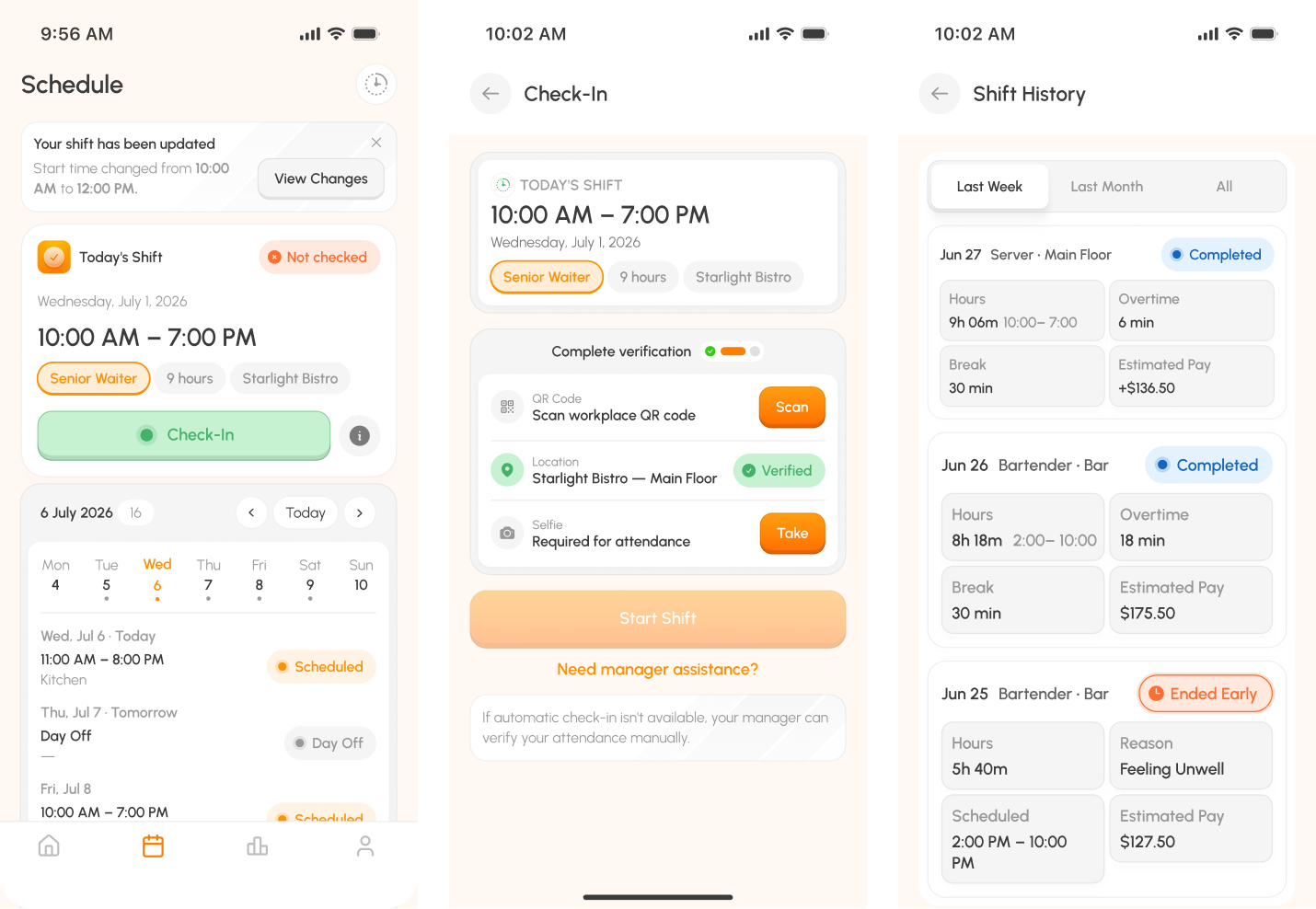 Staffty schedule, check-in verification, and shift history screens