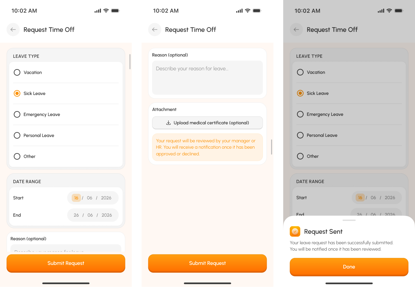 Staffty time-off request form and confirmation screens